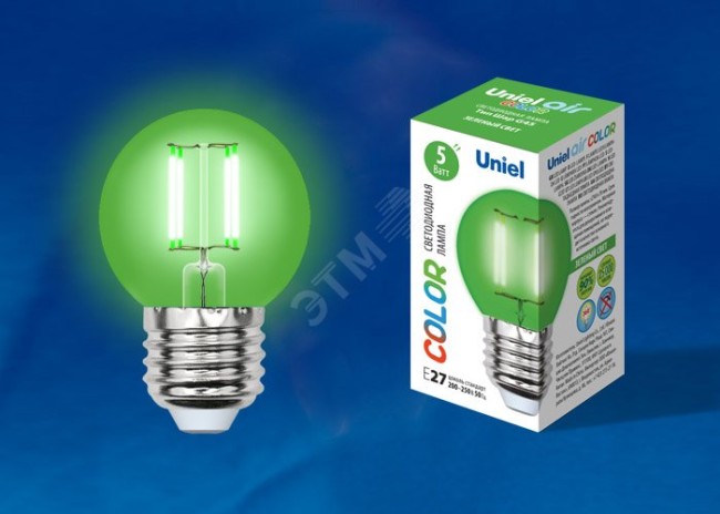 Лампа светодиодная декоративная цветная LED 5вт 200-250В шар 350Лм Е27 ЗЕЛЕНЫЙ Uniel Air color
