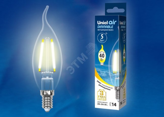 Лампа светодиодная LED 5вт 200-250В свеча на ветру диммируемая 450Лм Е14 3000К Uniel Air филамент